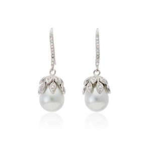 White Pearl Earrings with Delicate Diamonds