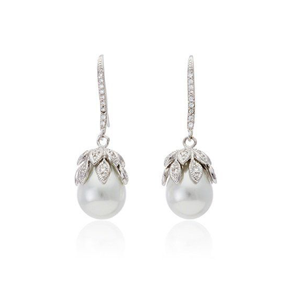 White Pearl Earrings with Delicate Diamonds