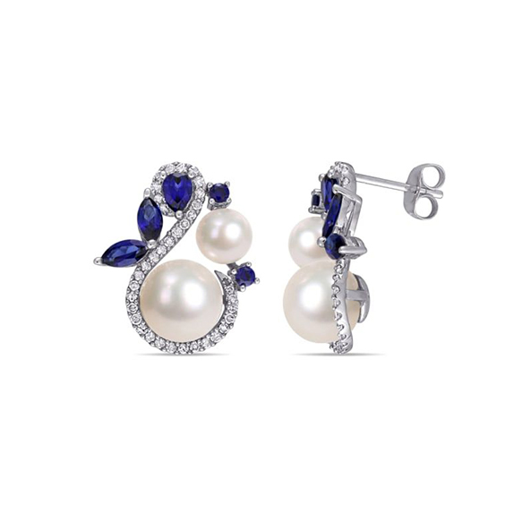 Blue Diamond & White Pearl Earrings